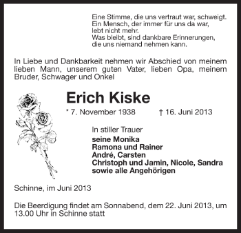 Traueranzeige von Erich Kiske von Uelzen