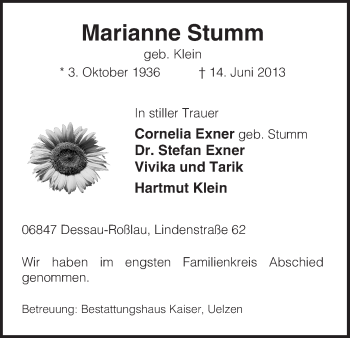 Traueranzeige von Marianne Stumm von Uelzen