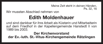 Traueranzeige von Edith Moldenhauer von Uelzen