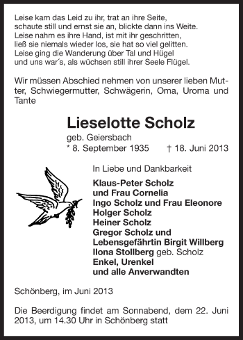 Traueranzeige von Lieselotte Scholz von Uelzen