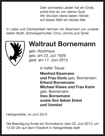 Traueranzeige von Waltraut Bornemann von Uelzen