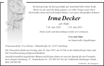 Traueranzeige von Irma Decker von Uelzen