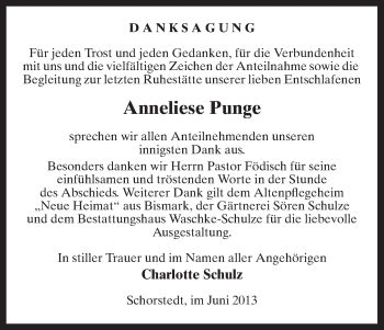 Traueranzeige von Anneliese Punge von Uelzen