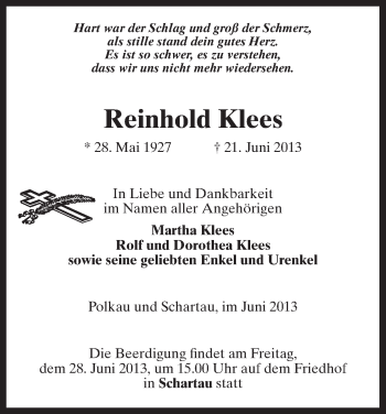 Traueranzeige von Reinhold Klees von Uelzen