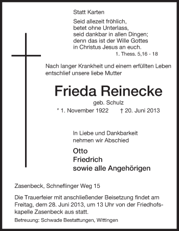 Traueranzeige von Frieda Reinecke von Uelzen