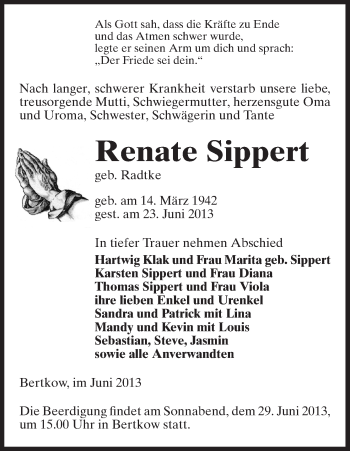 Traueranzeige von Renate Sippert von Uelzen