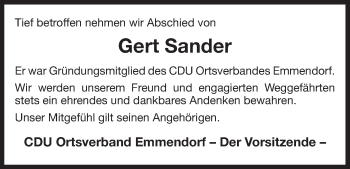 Traueranzeige von Gert Sander von Uelzen