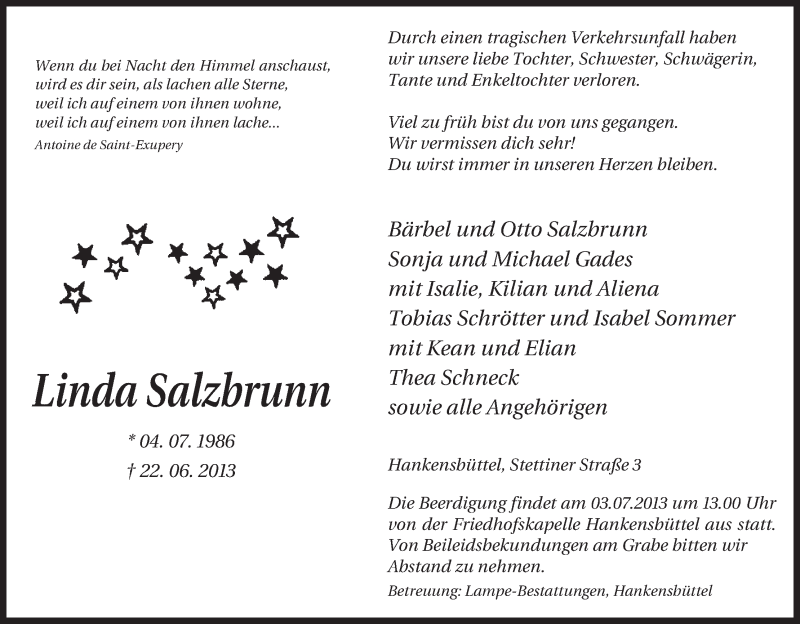 Traueranzeige für Linda Salzbrunn vom 29.06.2013 aus Uelzen