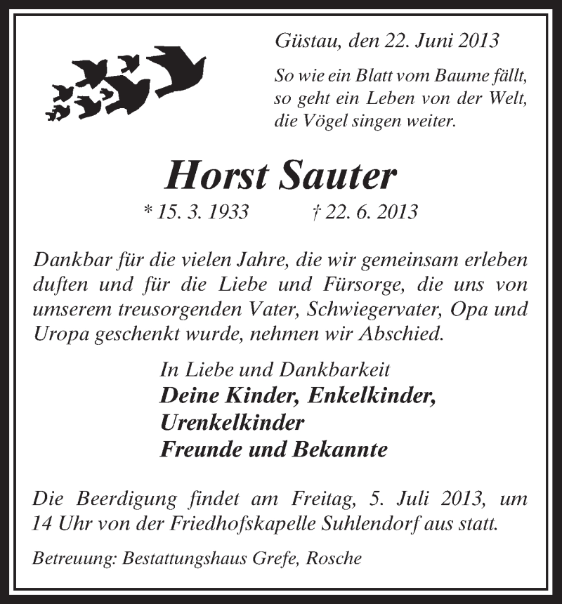 Traueranzeige für Horst Sauter vom 29.06.2013 aus Uelzen