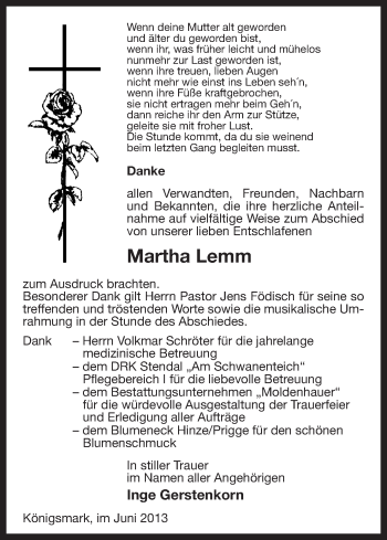 Traueranzeige von Martha Lemm von Uelzen