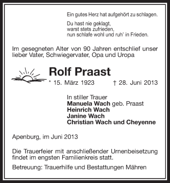 Traueranzeige von Rolf Praast von Uelzen