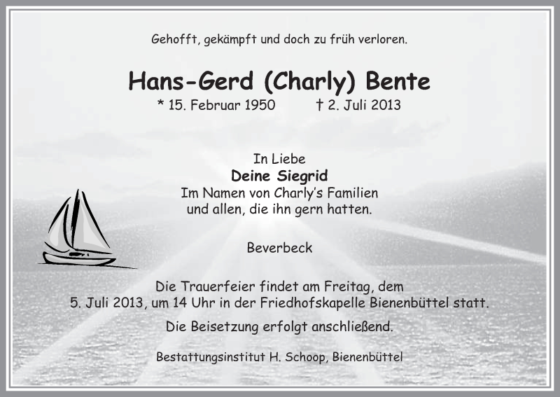  Traueranzeige für Hans-Gerd Bente vom 03.07.2013 aus Uelzen