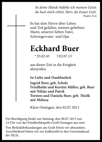 Traueranzeige von Eckhard Buer von Uelzen