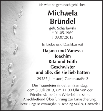 Traueranzeige von Michaela Bründel von Uelzen