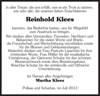 Traueranzeige von Reinhold Klees von Uelzen