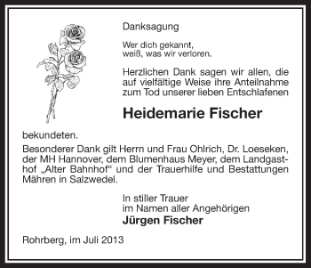 Traueranzeige von Heidemarie Fischer von Uelzen