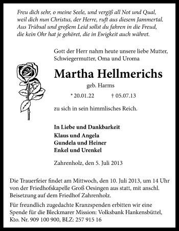 Traueranzeige von Martha Hellmerichs von Uelzen