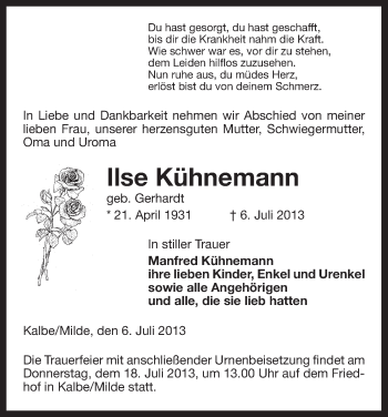 Traueranzeige von Ilse Kühnemann von Uelzen