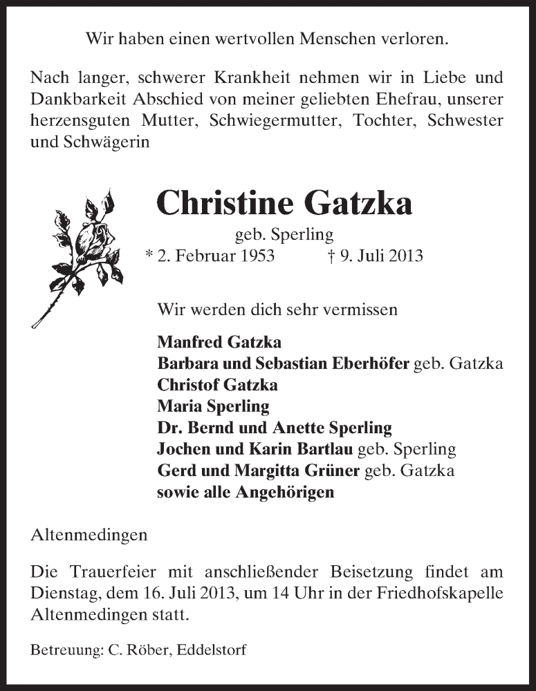  Traueranzeige für Christine Gatzka vom 11.07.2013 aus Uelzen