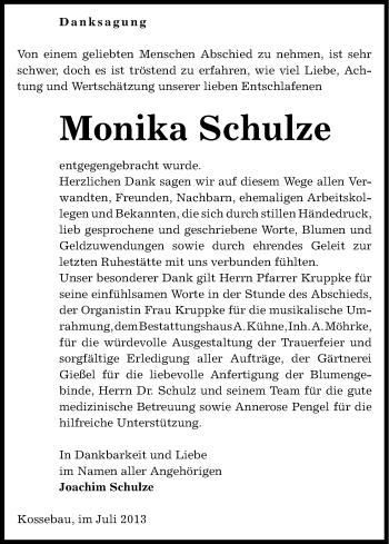 Traueranzeige von Monika Schulze von Uelzen