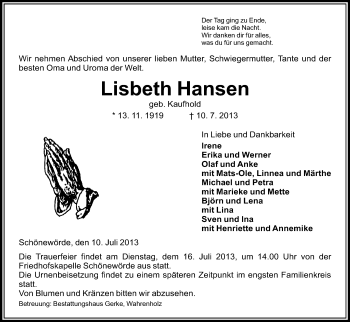 Traueranzeige von Lisbeth Hansen von Uelzen