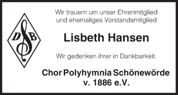 Traueranzeige von Lisbeth Hansen von Uelzen