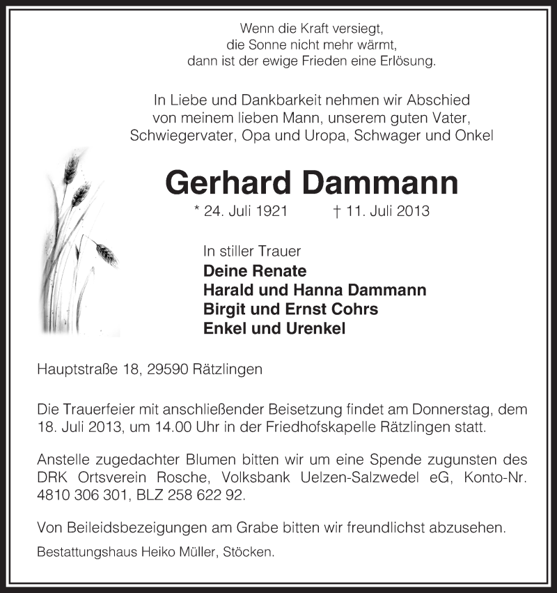  Traueranzeige für Gerhard Dammann vom 15.07.2013 aus Uelzen