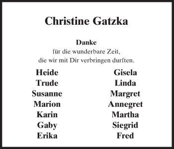 Traueranzeige von Christine Gatzka von Uelzen