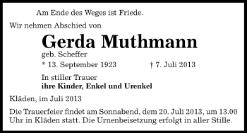 Traueranzeige von Gerda Muthmann von Uelzen