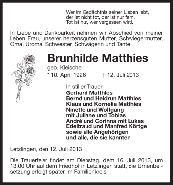 Traueranzeige von Brunhilde Matthies von Uelzen