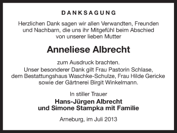 Traueranzeige von Anneliese Albrecht von Uelzen