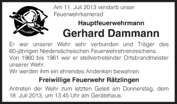 Traueranzeige von Gerhard Dammann von Uelzen