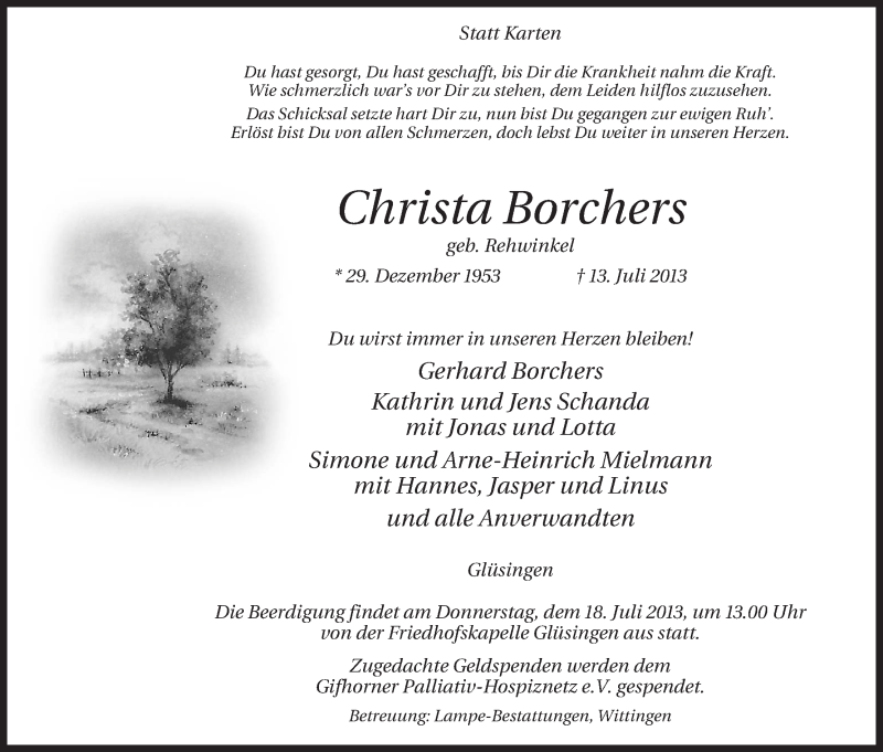  Traueranzeige für Christa Borchers vom 16.07.2013 aus Uelzen