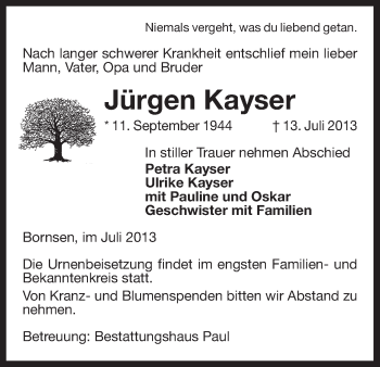 Traueranzeige von Jürgen Kayser von Uelzen