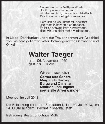 Traueranzeige von Walter Taeger von Uelzen