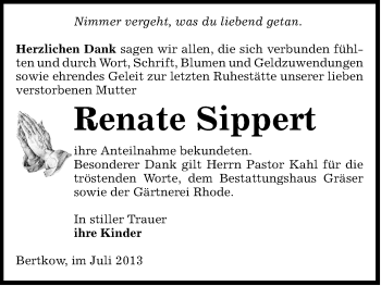 Traueranzeige von Renate Sippert von Uelzen