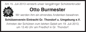 Traueranzeige von Otto Burmester von Uelzen