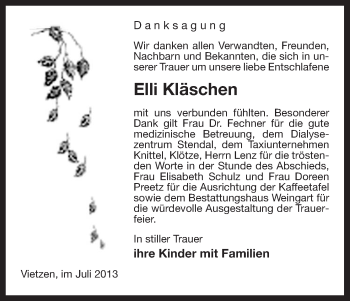 Traueranzeige von Elli Kläschen von Uelzen