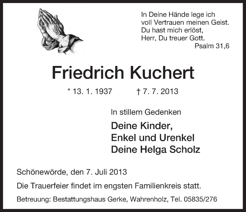  Traueranzeige für Friedrich Kuchert vom 20.07.2013 aus Uelzen
