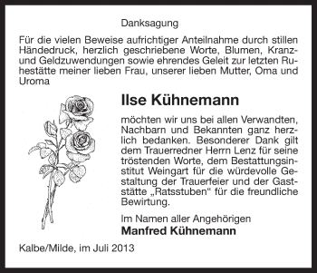 Traueranzeige von Ilse Kühnemann von Uelzen