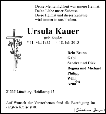 Traueranzeige von Ursula Kauer von Uelzen