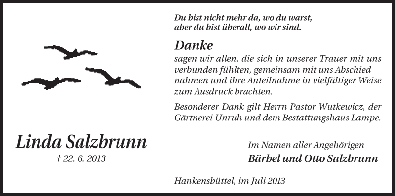  Traueranzeige für Linda Salzbrunn vom 26.07.2013 aus Uelzen