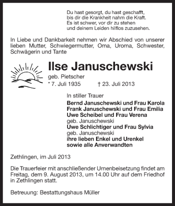 Traueranzeige von Ilse Januschewski von Uelzen