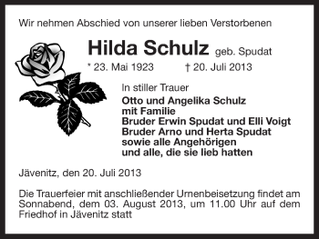 Traueranzeige von Hilda Schulz von Uelzen