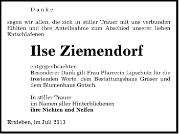 Traueranzeige von Ilse Ziemendorf von Uelzen