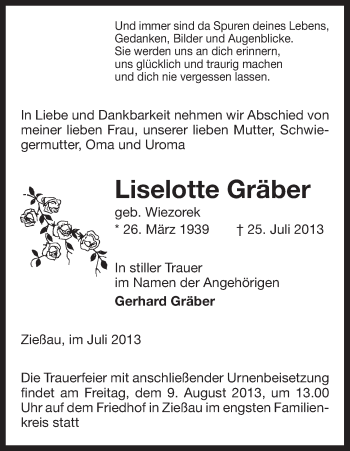 Traueranzeige von Liselotte Gräber von Uelzen