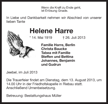 Traueranzeige von Helene Harre von Uelzen