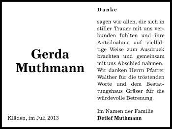 Traueranzeige von Gerda Muthmann von Uelzen