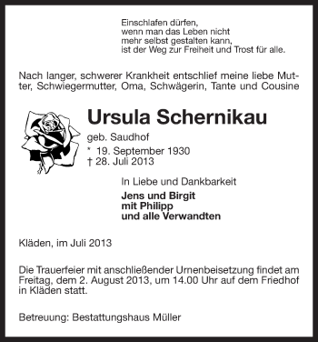 Traueranzeige von Ursula Schernikau von Uelzen