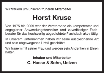 Traueranzeige von Horst Kruse von Uelzen